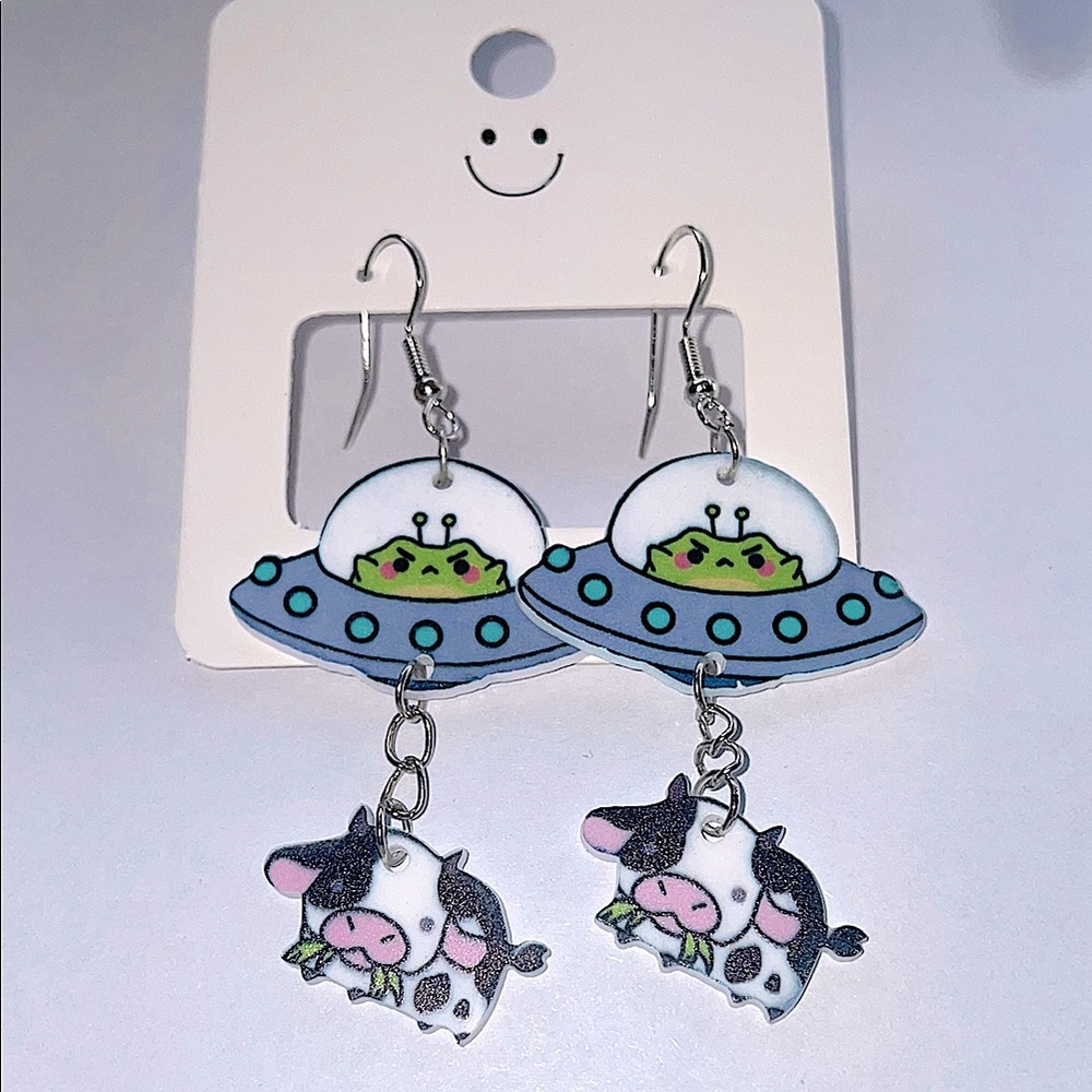 Alien Cow UFO Dangle Earrings